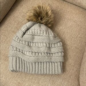 Gray Knit Beanie with Faux Fur Pom